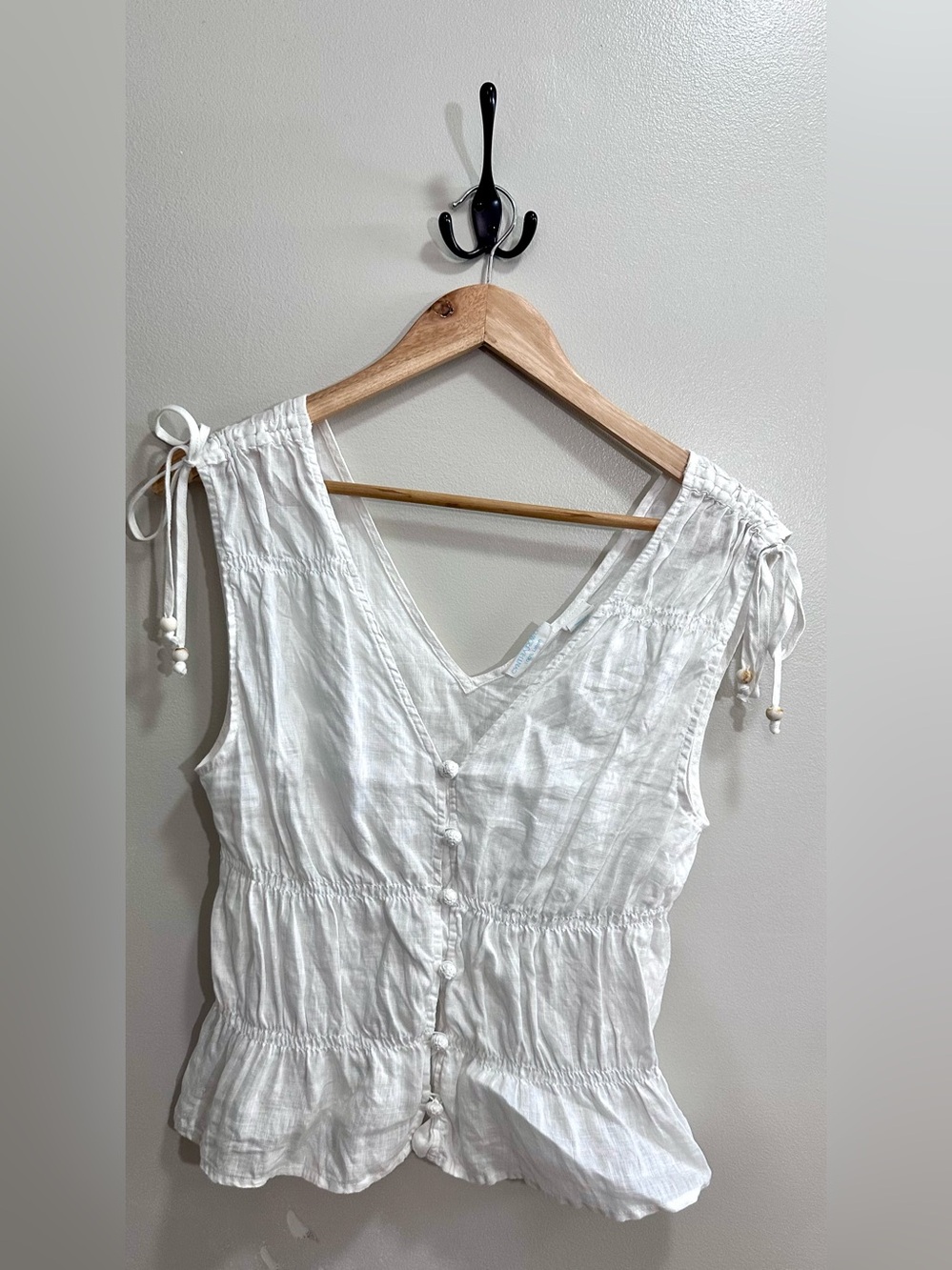 Cynthia Rowley White Linen Tie Shoulder Button Front Peplum V Neck Tank